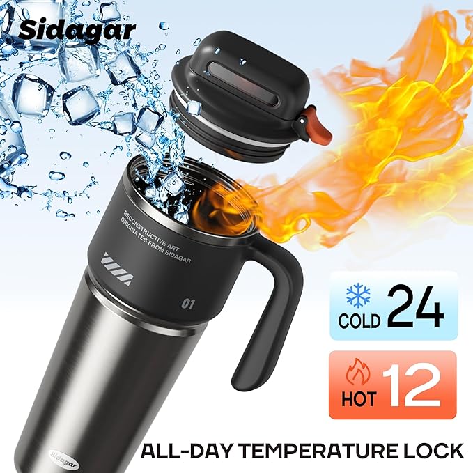 32 oz Tumbler with Handle and Straw, Vacuum Insulated Stainless Steel Travel Mug with Push-button Lid, Double Wall Coffee Cup, Fits in Cup Holder - Obsidian Black