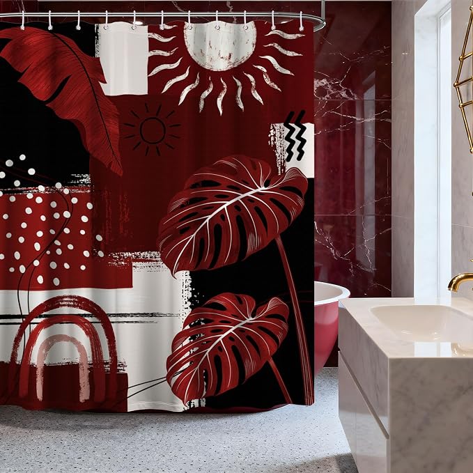 Black and Red Mid Century Modern Shower Curtain Bohemian Abstract Burgundy Shower Curtains for Bathroom Decor Sets, Waterproof Cloth Fabric with Hooks, 72x84 Inch