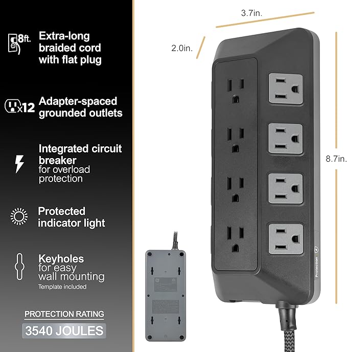 GE UltraPro 12-Outlet Surge Protector, 8 Ft Braided Extension Cord, Multi Plug Outlet Extender, Adapter Spaced, Flat Plug, for Home, Office, Dorm, 3540 Joules, Black, 81784