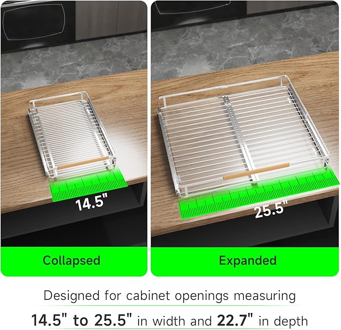 SOFRON Expandable Pull Out Drawers for Cabinets, Kitchen Cabinet Slide Out Shelves, Adjustable Roll Out Drawers, Stainless Steel, Large 2 Pack, (14.5"-25.5") Cabinet Width x 22.7" Depth