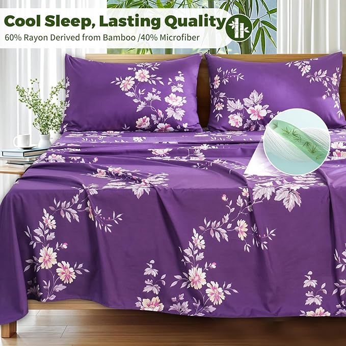 Bedlifes Queen Floral 4-Piece Sheet Set - Cooling Sheets Blend Rayon Derived from Bamboo,Soft & Breathable, Deep Pocket 16", Wrinkle Resistant - Vibrant Boho Floral Dark Purple