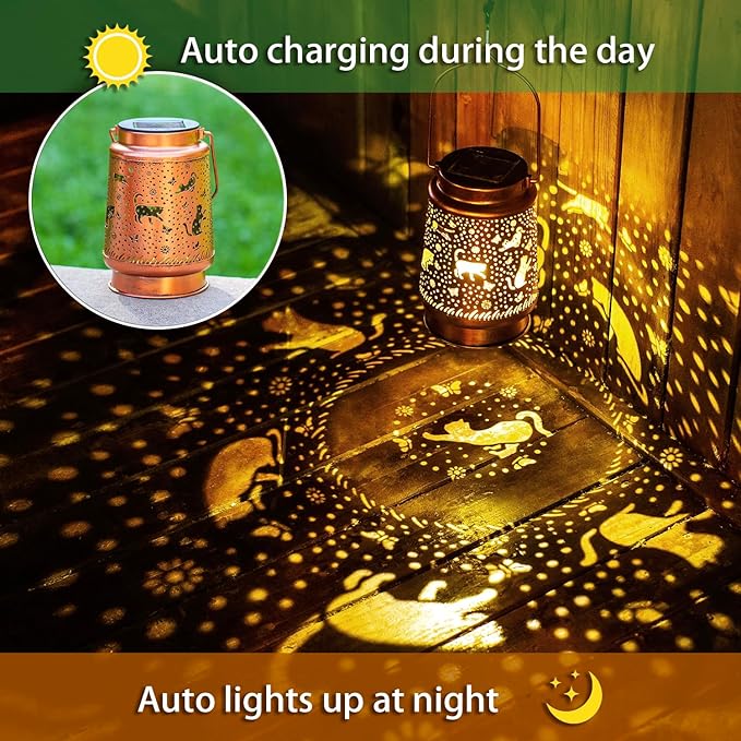 2 Pack Cat Solar Lanterns Outdoor Waterproof Hanging Solar Lights Cat Gifts for Women Men Metal Decorative LED Cat Lanterns for Garden Decor,Yard,Patio,Lawn,Tabletop,Pathway,Landscape