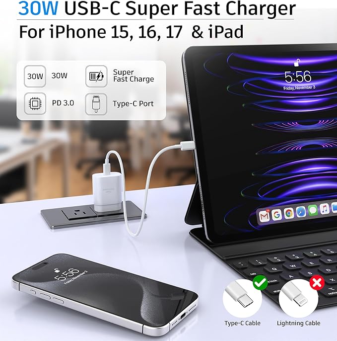 USB-C Block 30W PD Super Fast Charging Block Type C Plug Wall Adapter, USB C Phone Charger with 10ft Fast Cable Cord for iPhone 17, 17 Air, 17 Pro, 17 Pro Max,16, 15, iPad Pro 12.9/11 Galaxy-1Pack
