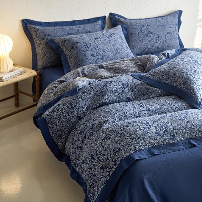 Navy Blue Paisley Floral Duvet Cover Queen Premium Yarn-Dyed Cotton Linen Duvet Cover Elegant Jacquard Boho Bedding Set Queen Vintage Paisley Flower Duvet Cover Cozy Breathable Floral Bedding Set