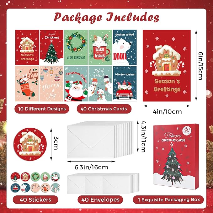 Thboxes 40 Pack Christmas Cards with Envelopes, 4x6 Inch Merry Christmas Cards, Funny Holiday Card with Envelopes & Stickers, 10 Assorted Designs Greeting Card for Xmas