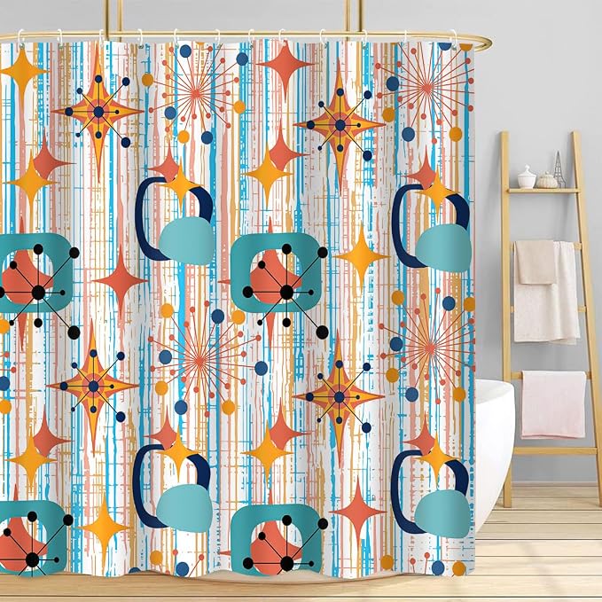 Mid Century Shower Curtain, 72x72inch, Modern Abstract Retro Colorful Striped Geometric Shower Curtain Sets 1950s Boho Bathroom Shower Curtain with 12 Hooks