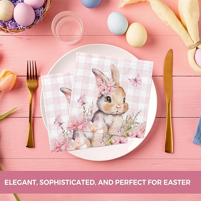 Cute Pink Bunny Paper Napkins, 50 Pcs, 3-Ply, 6.5 x 6.5 Inch, Disposable Rabbit Cocktail Napkins for Decoupage, Spring Holiday, Dinner Party, Wedding, Baby Shower, Birthday Party Decorations