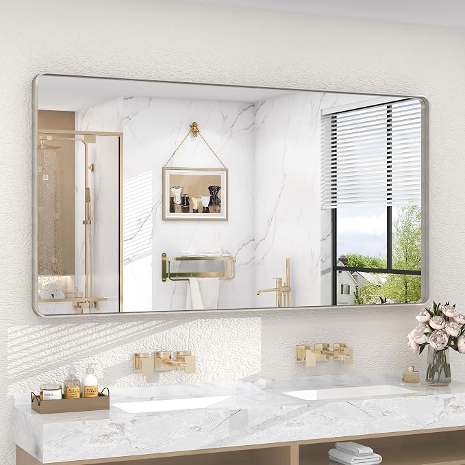 60x30 Silver Bathroom Mirror, Brushed Metal Framed Mirror for Vanity, Rounded Corner Rectangle Mirror for Wall, Anti- Rust, Shatterproof (Horizontal/Vertical)