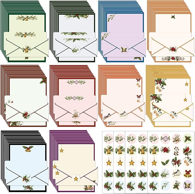 EggSun 250Pcs Christmas Stationery Paper and Envelope Set with 100 Letterhead Papers and 50 Envelopes, 10 Design for Letter Writing Invitations Computer Holidays Party Notes, 8.5x11 Inch-Holy