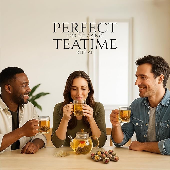 Tea Bunch Blooming Flower Tea Set – 12 Hand-Tied Organic Green Tea Balls with 12 Packs of Rock Sugar, Gift-Ready Packaging, Calming Floral Tea for Wellness & Relaxation (Glass Teapot Not Included)