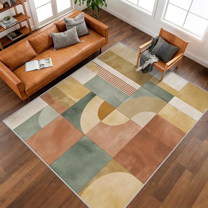 4x6 Mid Century Modern Rugs for Bedroom Decor, Washable Abstract Geometric Pattern Area Rug, Living Room Home Decoration, Non Slip Soft Thin, Mid Century Decor Carpet PF-P 117