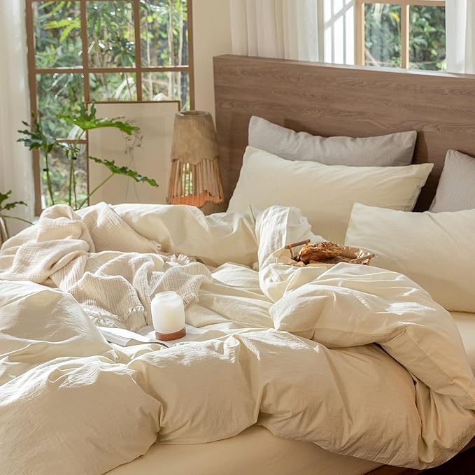 MooMee Wavy Striped Duvet Cover Set 100% Washed Cotton Linen Like Textured Breathable Durable Soft Comfy (Cream White, Oversized King Plus 128"x120")