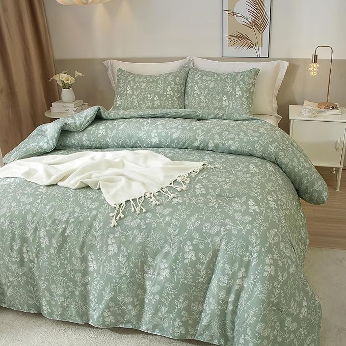 HighBuy Queen Comforter Set Sage Green Floral Boho Comforter Set Kawaii Toddler Bedding Set Queen Size Soft Bedding for Women Girls Comforters Queen Bed Set 3 Piece,1 Comforter and 2 Pillowcases