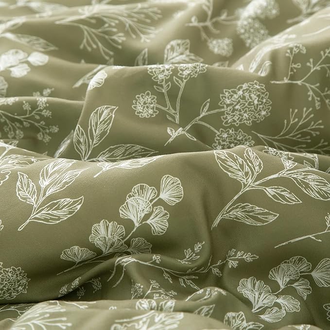EAVD Fresh Garden Green Floral Duvet Cover King Soft Cotton Chic Shabby Small Cute Floral Botanical Bedding Set with 2 Pillowcases Reversible Green Floral Comforter Cover with Zipper Closure