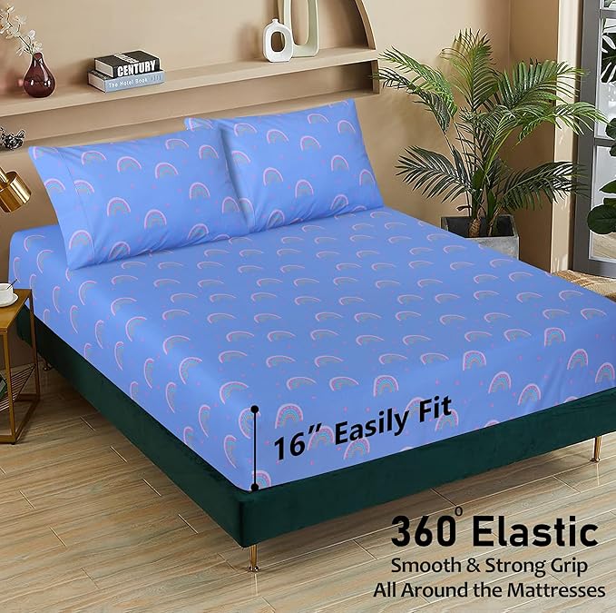RUVANTI 100% Cotton Sheets Queen Size Set, 4 Pieces, Soft & Breathable Percale Weave Bedding, Deep Pocket 16", Hotel Standard, Crisp Cool Feeling, Durable, Perfect Floral Bed Sheet, Baby Rainbow