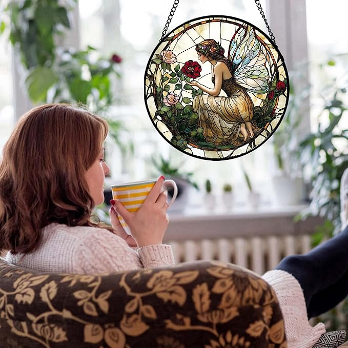 Stained Glass Window Hanging - Butterfly Flower Fairy Suncatcher for Door Terrace Garden Home Decor Yellow Green Plants Sun Catcher Birthday Gifts for Lovers Women Men Dad Mom Nana 7.8 in