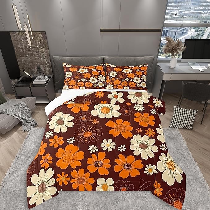 Castle Fairy 70s Groovy Flowers Comforter Set Twin Size,Hippie Retro Farmhouse Plant Quilt Set for Kids Boys Bedroom Collection,Brown White Yellow Floral Polyester Bedding with 1 Pillowcase,2Pcs