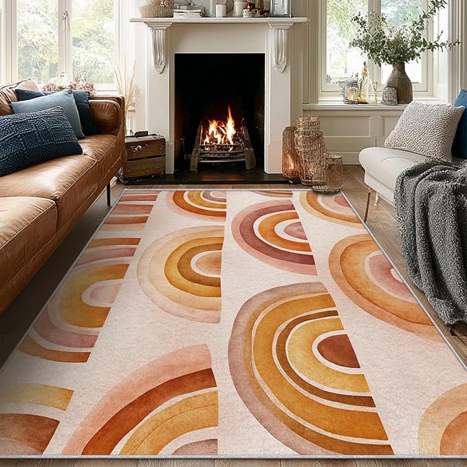 Retro Arcs Area Rug 4x5, Minimalist Arch Pattern Rug, Modern Retro Neutral Carpet for Living Room Bedroom, Non Slip Washable Rug