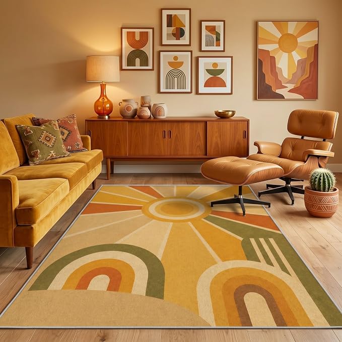 Golden Sunburst Area Rug 6x9, Mid Century Modern Retro Geometric Rug, 70s Style Abstract Washable Low Pile Non Slip Rug for Living Room Bedroom