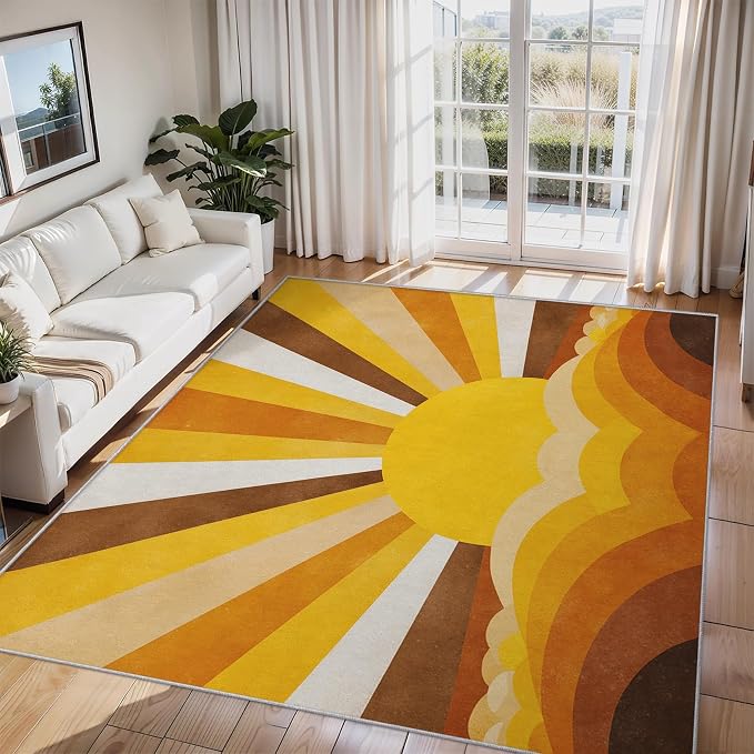 Boho Sun Rugs for Home Decor, 5x7 ft, Abstract Sunburst Retro Area Rugs for Living Room, Soft Non Slip Washable Mid Century Modern Carpet Bedroom Decorations Dt-Ghf-69