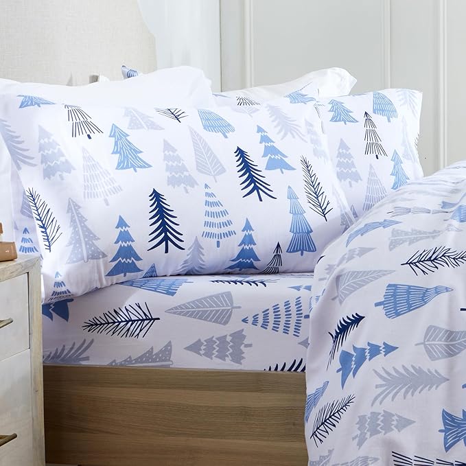 Market & Place 100% Turkish Cotton Flannel Sheet Set | 4 Piece Deep Pocket Novelty Cozy Winter Bed Sheets | Double Brushed for Extra Softness & Comfort | Alpine Collection (Full, Blue Forest)