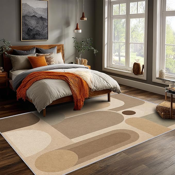 Neutral Geometric Area Rug 6x8, Mid Century Modern Abstract Rug, Soft Taupe Beige Color Block Washable Low Pile Non Slip Rug for Living Room Bedroom