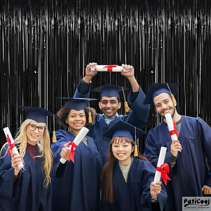 Thicken Black Streamers 4 Pack 3.2 x 8.2 FT, Black Tinsel Backdrop Curtains, Foil Fringe Photo Backdrop for New Years, Halloween, Retirement, Bachelor Party Decorations, Birthday Decorations for Men