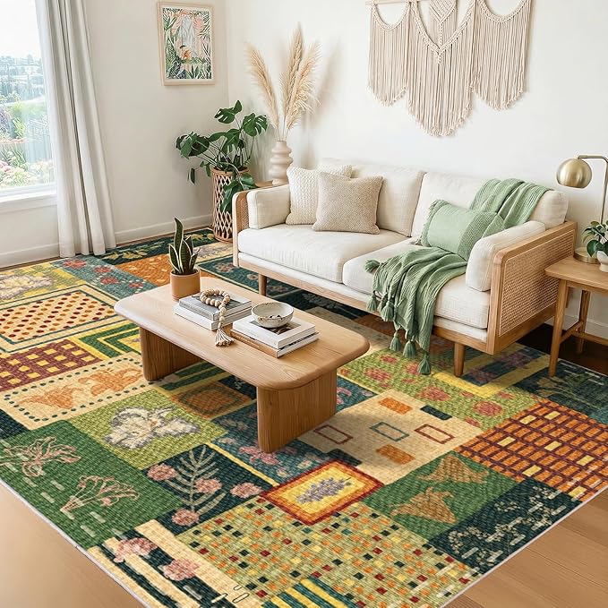 Flowers Patchwork Abstract 8x10 Area Rug, Green Soft Faux Wool Geometric Rugs for Living Room, Non Slip Low Pile Washable Indoor Carpet Rug for Bedroom, Entryway, Dining Room, Home Office Decor