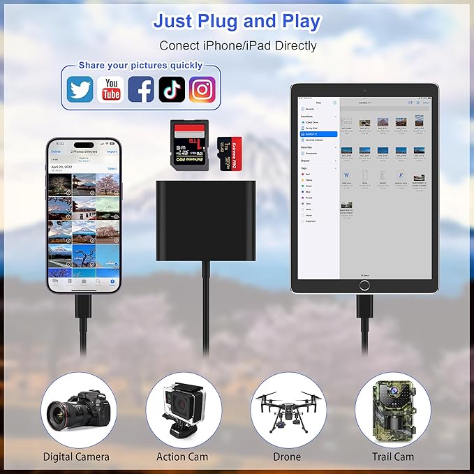 SD Card Reader for iPhone, Memory Card Reader with USB-C to Light-ning Adapter Plug and Play Trail Game Camera Micro SD Card Viewer Support SD/TF Card and USB for iPad No App Required (Black)