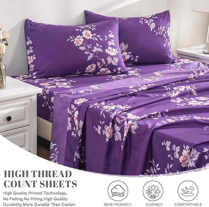 Bedlifes King Sheet Set Ultra Soft, Breathable, Silky Flower Deep Pocket 100% Microfiber Bedding, 4 Piece King Size Dark Purple Floral