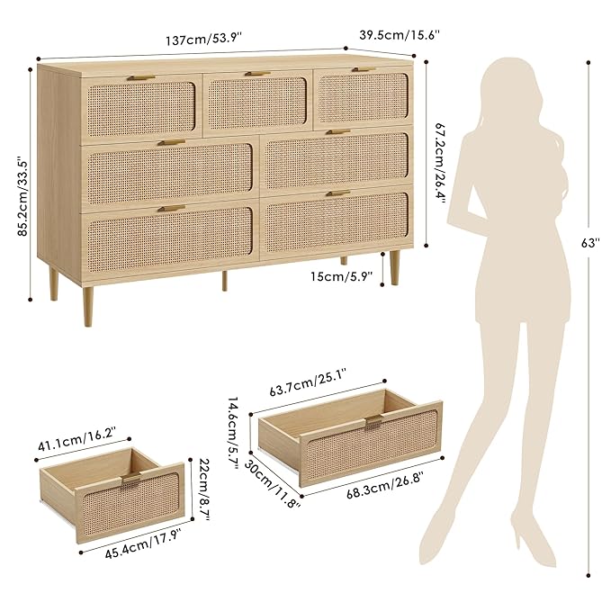 Garvee Rattan Dresser with 7 Drawers, Tall Modern Closet with Deep Storage, Large Chest of Drawers with Wide Top, Long Wooden Dresser for Bedroom, Living Room, Hallway, Kids Room, Natural