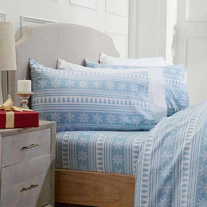 Market & Place 100% Cotton Full Flannel Sheet Set | 4 Piece Deep Pocket Novelty Cozy Winter Bed Sheets | Double Brushed for Extra Softness & Comfort | Alpine Collection (Full, Striped Snowflake)