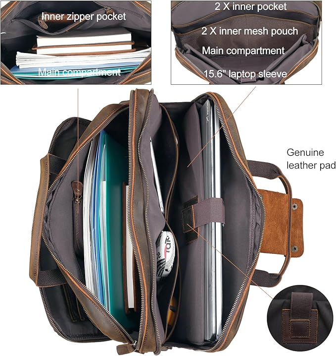 Masa Kawa Leather Briefcase for Men 17/15.6" Laptop Crossbody Shoulder Messenger Bag Business Travel Work Attache Case