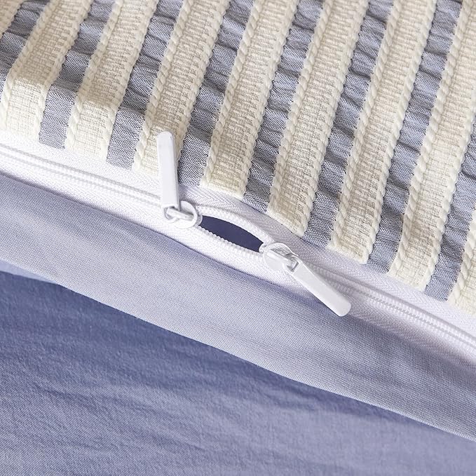 King Size Duvet Cover Blue Striped Washed Microfiber Jacquard 3 Pieces Bedding Set, White Blue Vertical Ticking Stripes Pattern Comforter Cover with Zipper Closure Breathable Durable Soft Comfy