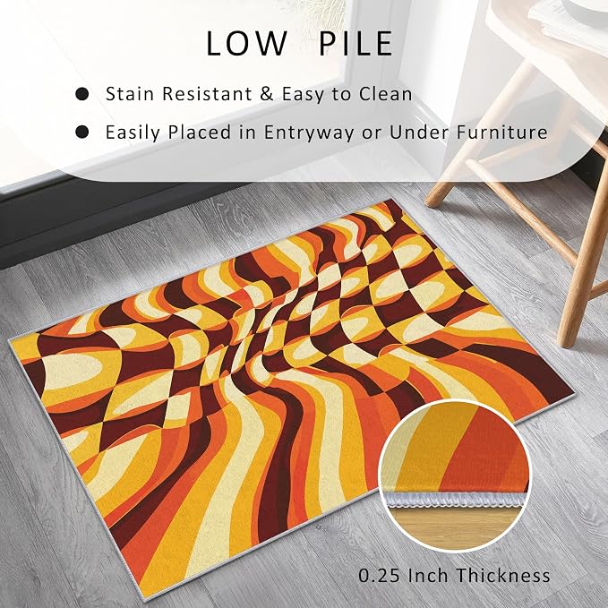 70s Retro Rugs 4x5, Orange Brown Abstract Washable 4 x 5 Area Rug for Living Room, Bedroom, Low Pile Non Slip Stain Resistant Carpet, 70s Orange Home Decor Accessories & M830
