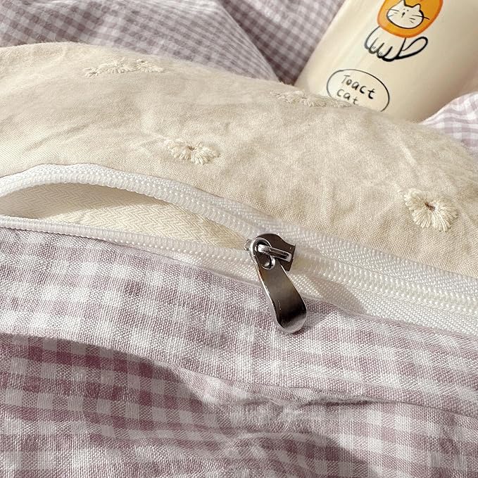 LifeTB Purple Gingham Duvet Cover Twin XL Cozy Washed Microfiber Purple Checkered Plaid Duvet Cover with 2 Pillowcases Romantic White Lace Comforter Cover 3 Pieces Gingham Grid Bedding Set