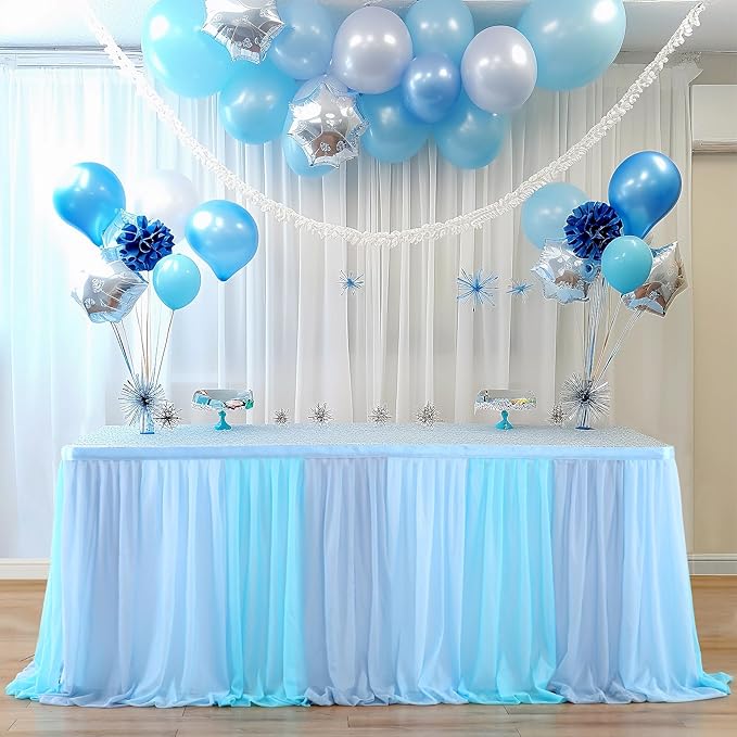 Tulle Table Skirt Blue Tutu Striped Table Skirts for Rectangle Tables Baby Shower Under the Sea Baby Shark Birthday Parties Decoration 9ft