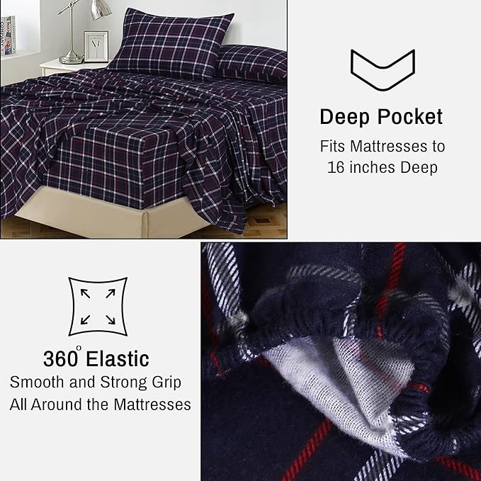 RUVANTI Flannel Sheets Twin Size - 100% Cotton Double Brushed Twin Sheets Set, Deep Pockets 16 Inches, All Seasons Breathable & Extra Soft Bed Sheets, Warm & Cozy, 3 Piece, Yankees Blue