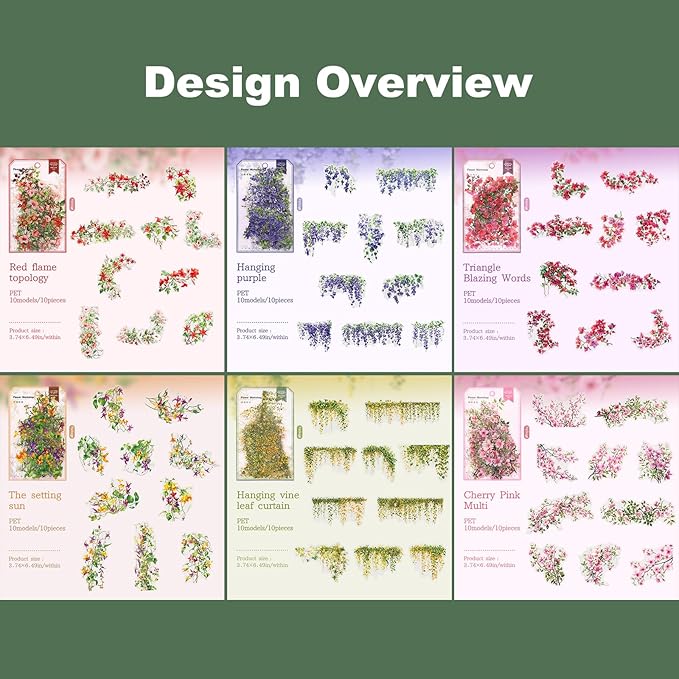 AuriicLeaf Floral Vine PET Stickers – 60PCS Vintage Botanical Design, Waterproof & Pre-Cut, Large Size for Journals, Junk Journals, Scrapbooking, and Craft