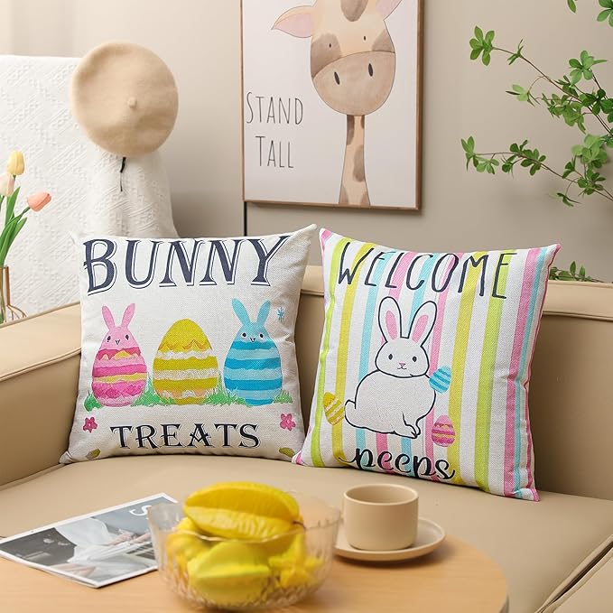 Easter Pillow Covers 18 x 18 Inch,Easter Decorations for Home,Set of 4 Happy Easter Hunny Bunny Pink Blue Decorative Throw Pillow Covers Spring Farmhouse Decor