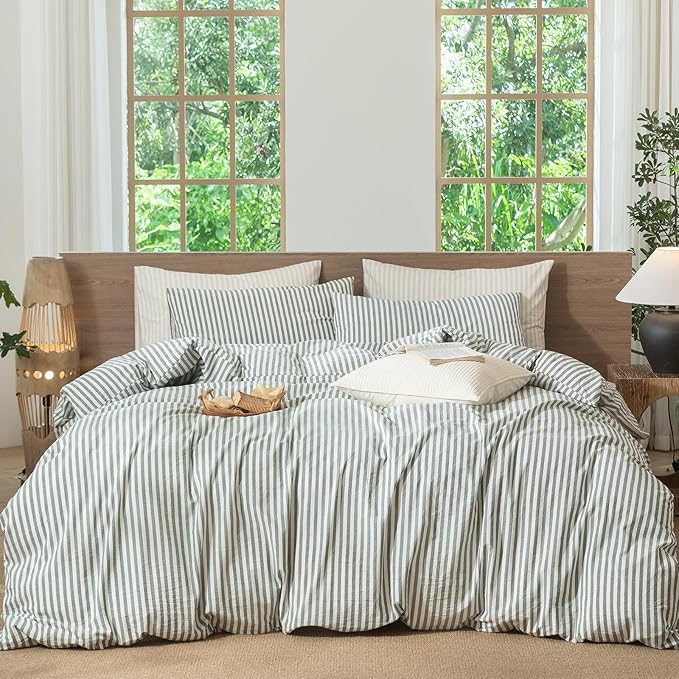 MooMee Striped Duvet Cover Set 100% Washed Cotton Linen Like Textured Breathable Durable Soft Comfy (Heathered Green Classic Stripes, Super Queen 90"x98")