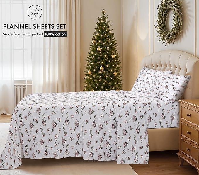 RUVANTI Flannel Sheets Queen Size - 100% Cotton Double Brushed Bed Sheets, Deep Pockets 16 Inches Queen Sheet Set, All Seasons Breathable & Extra Soft - Warm & Cozy, 4 Piece, Hilly Huts