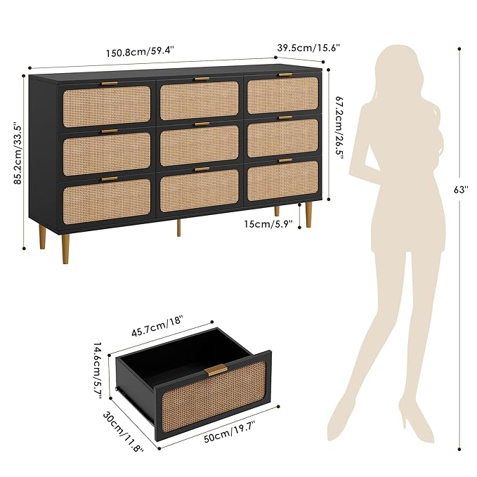 Garvee Rattan Dresser with 9 Drawers, Tall Modern Closet with Deep Storage, Large Chest of Drawers with Wide Top, Long Wooden Dresser for Bedroom, Living Room, Hallway, Kids Room, Black