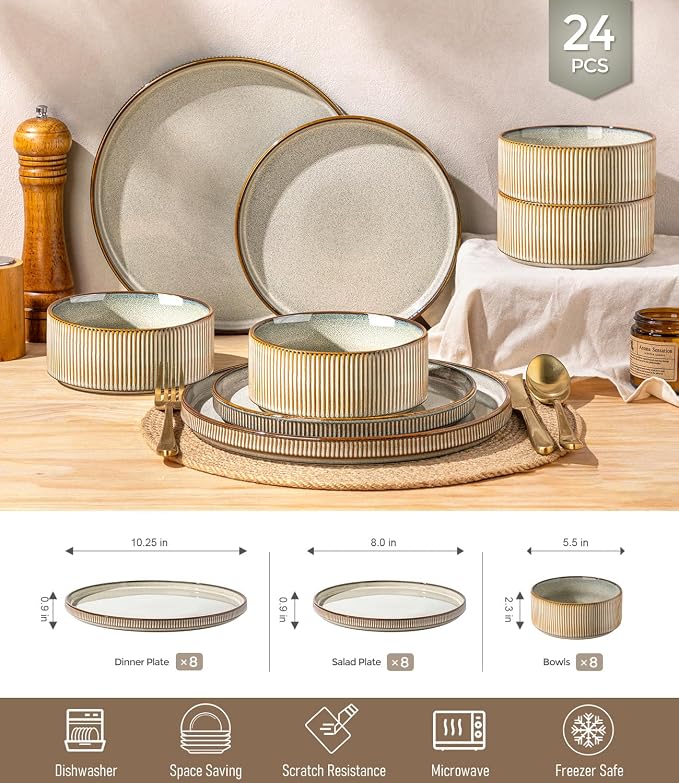GBHOME 24-Piece Stoneware Dinnerware Set for 8 – Ribbed Ceramic Plates and Bowls, Scratch-Resistant, Microwave & Dishwasher Safe, Reactive Glaze, Reactive Glaze Green Wheat