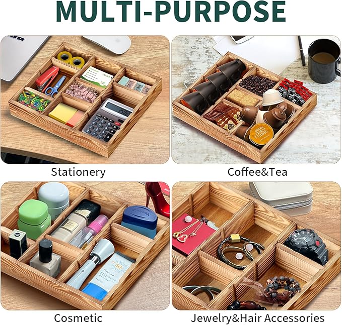 TEESSFROOD Desk Drawer Organizer Tray with 9 Adjustable Compartments, Wooden Office Desk Accessories Supplies Organization Storage for Desktop Bathroom Vanity Makeup 12" x 9" (Brown)