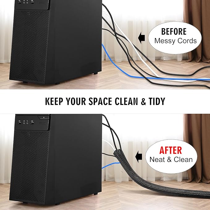 10ft x 1 inch Cable Sleeve Split Wire Loom Tubing for Power, Audio, USB, Cord Management for TV, Computer, Protects from Pets Chewing, Black