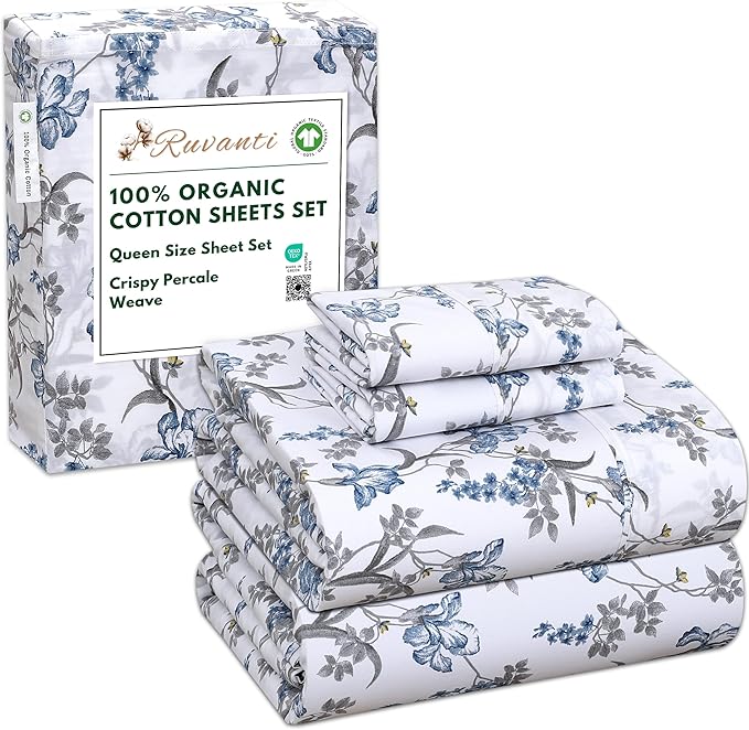 RUVANTI 100% Organic Cotton Sheets Queen Size, Percale Weave, GOTS Certified, 4-Piece Set, Deep Pocket 15", Crisp & Breathable, Soft Durable Bedding, Sábanas Algodón Orgánico – Deluxe