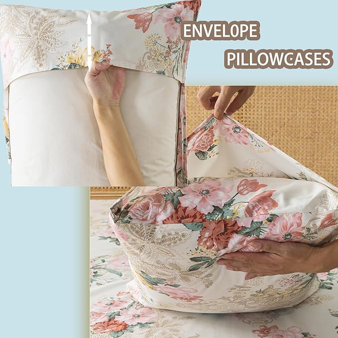 Zusbest- Queen Sheets, Soft 100% Cotton Pink & Cream Floral Bed Sheets,Shabby Vintage Chic Peony Flower Printed Sheets, Breathable Luxury Bedding 4 Piece Deep Pocket Sheets