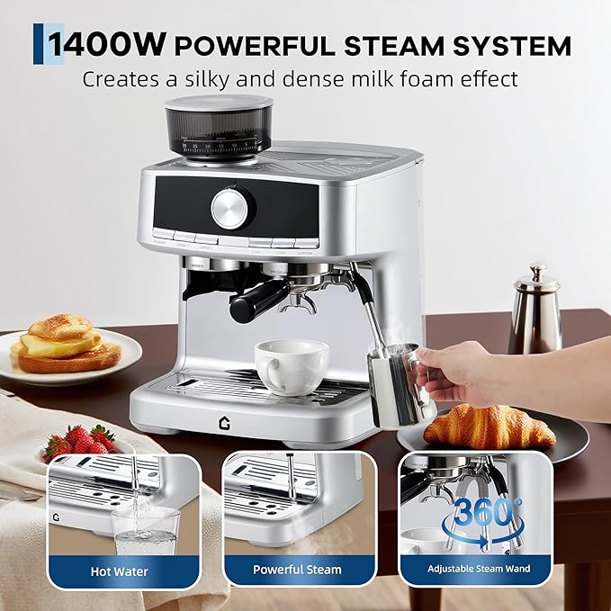 20 Bar Espresso Machine with Built-in Grinder, Stainless Steel Coffee Maker with Milk Frother Steam Wand, 1.5L Removable Water Tank, Adjustable Shot Volume for Home & Office