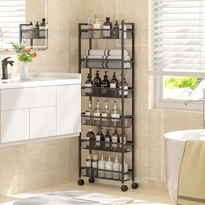 6 Tier Slim Storage Cart, Narrow Cart with Wheels, Metal Mobile Shelving Unit Organizer for Kitchen, Bathroom, Laundry Room, Living Room & Narrow Spaces, Black, 6in(W)